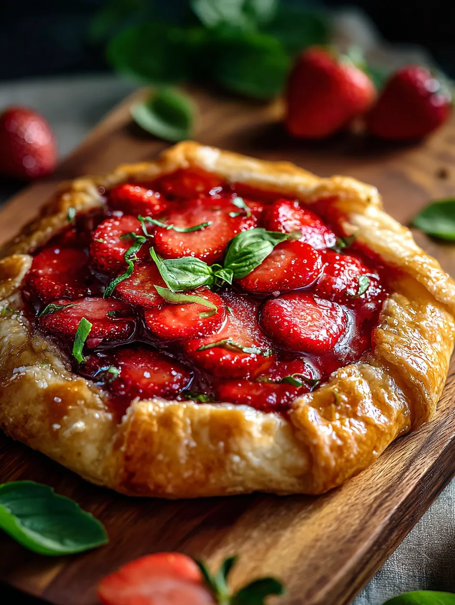 Un pastelito con fresas y albahaca sobre una tabla de madera.
