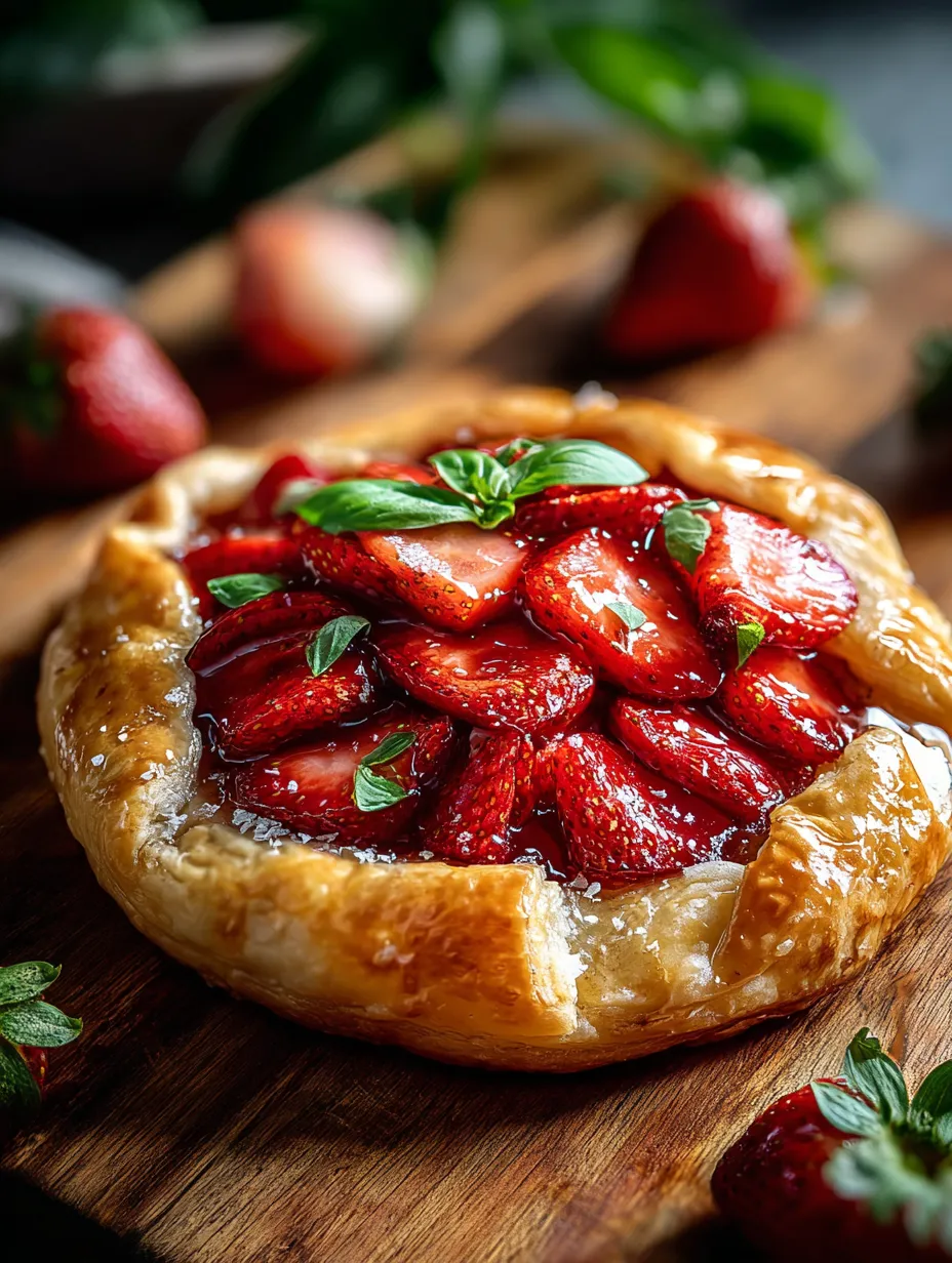 Una tarta con fresas y albahaca.