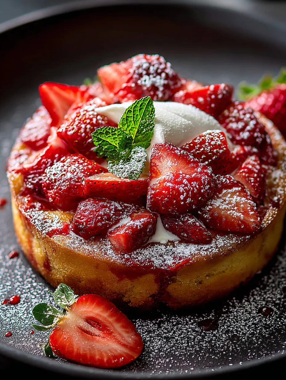 Porción de pastel de fresa con crema batida.