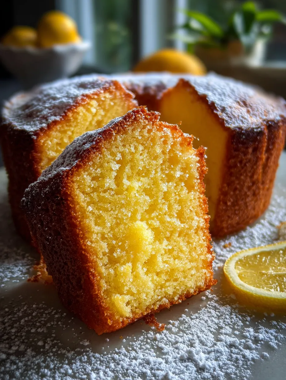 Una rebanada de budín con rodaja de limón arriba.