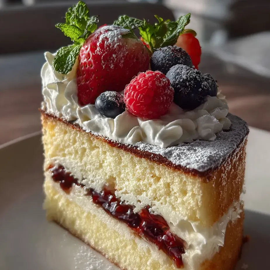 Una porción de pastel con frutillas y arándanos arriba.