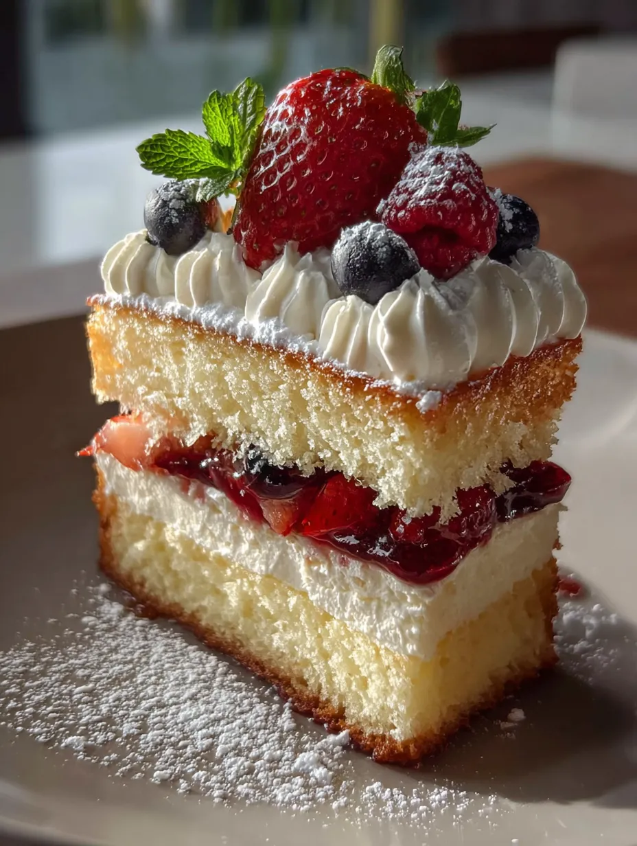 Porción de pastel con fresas y arándanos.