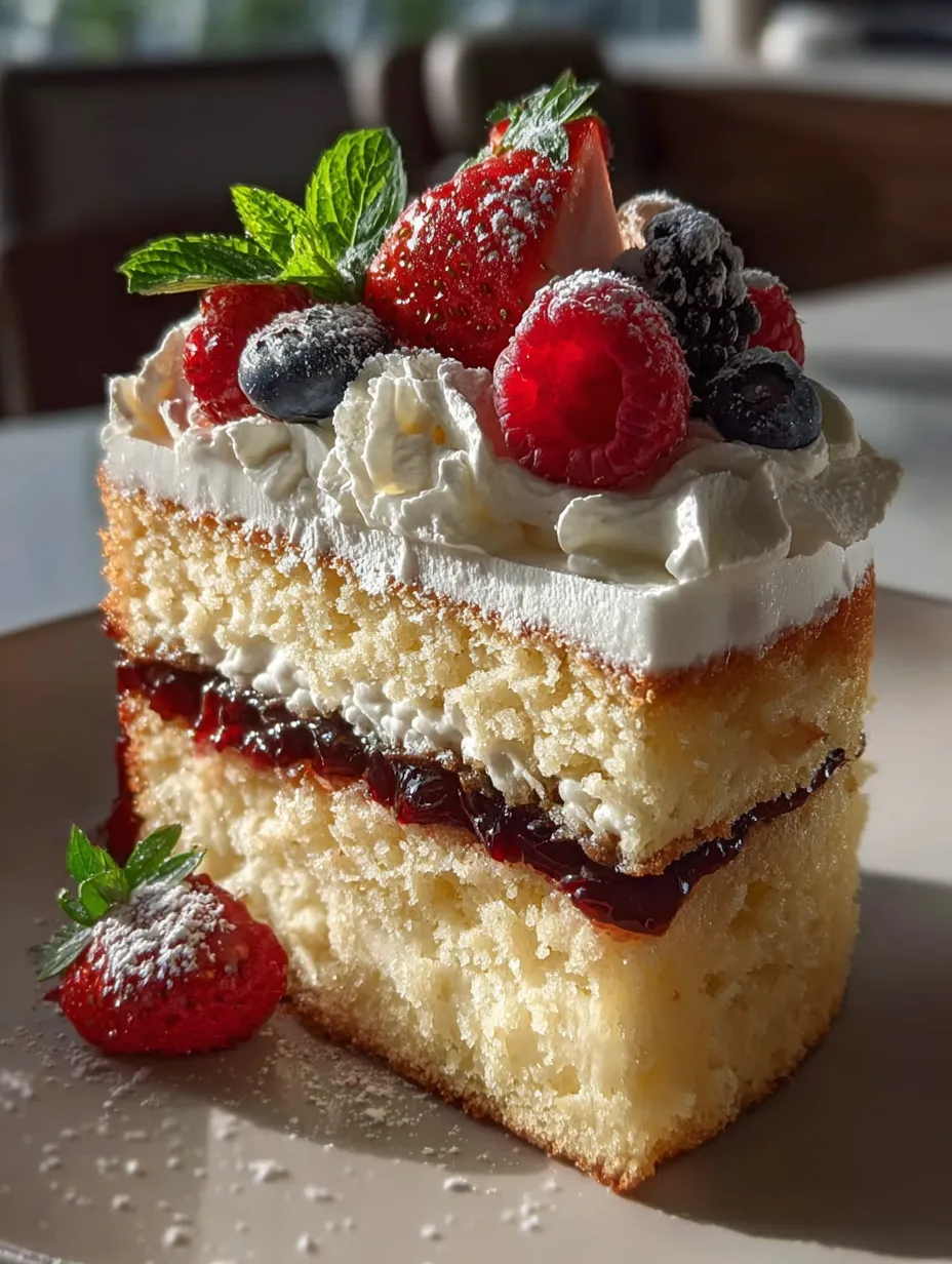 Una porción de pastel con fresas y crema batida.