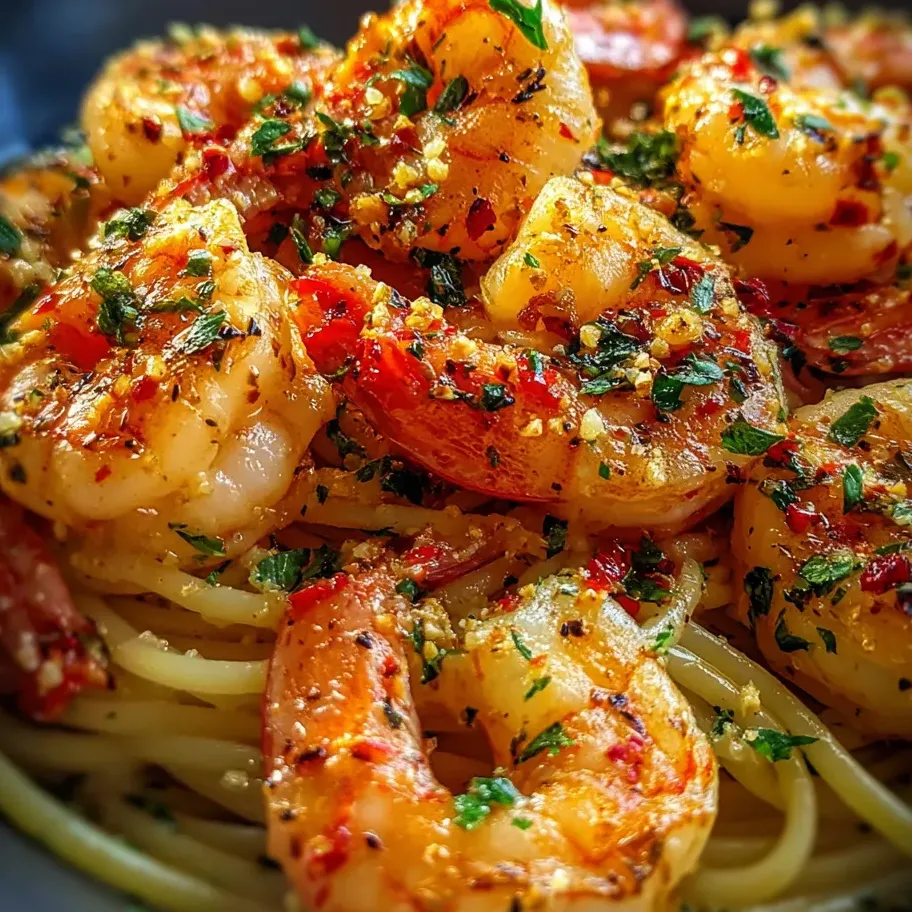 Un plato con camarones y pasta.