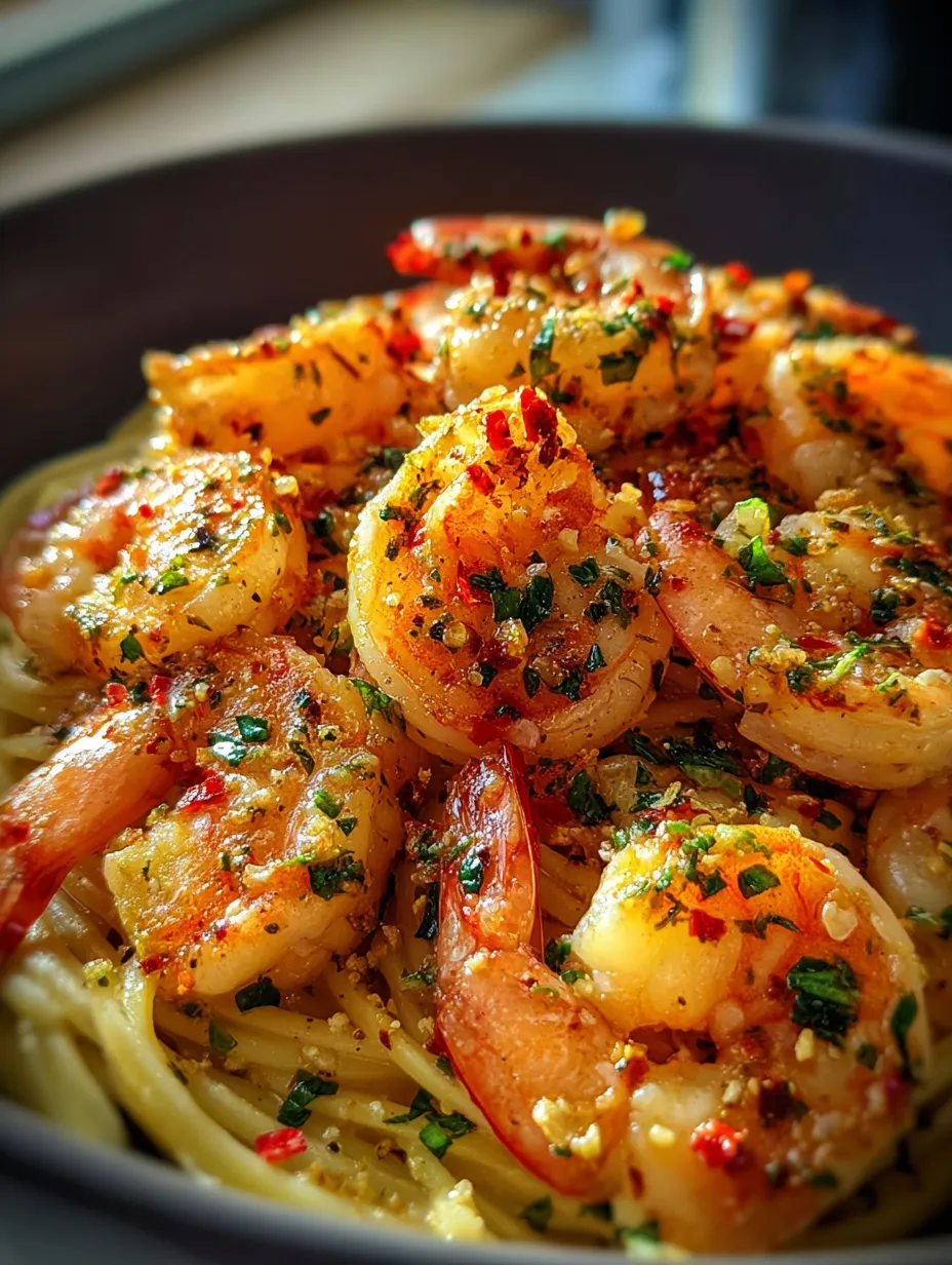 Un tazón con camarones y pasta.