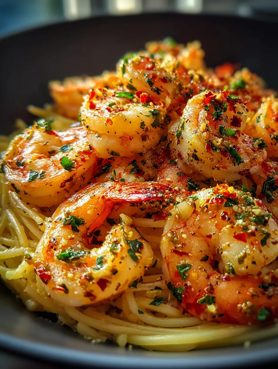 Un plato de camarones con pasta.