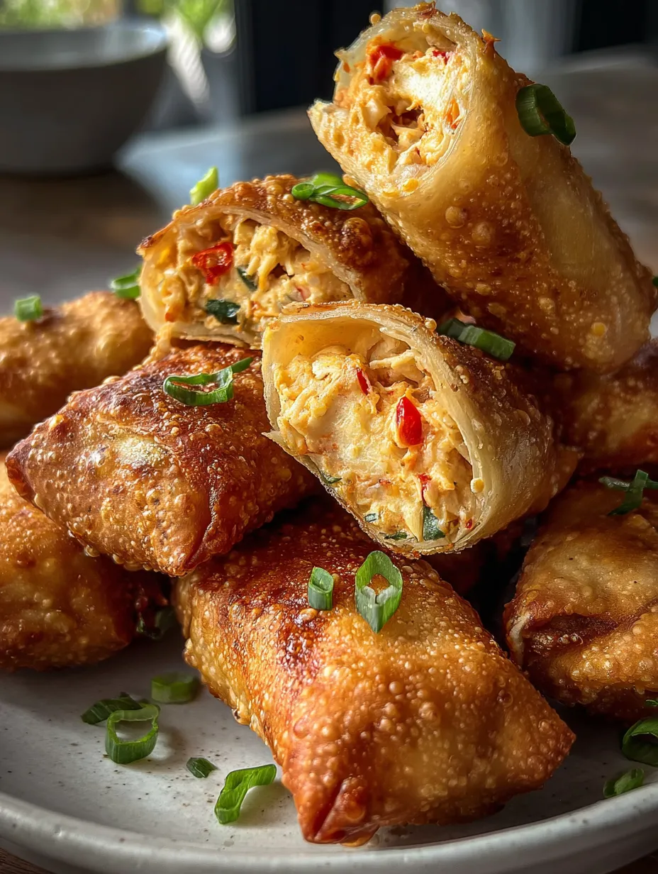 Varios rollitos apilados con cebollín encima.