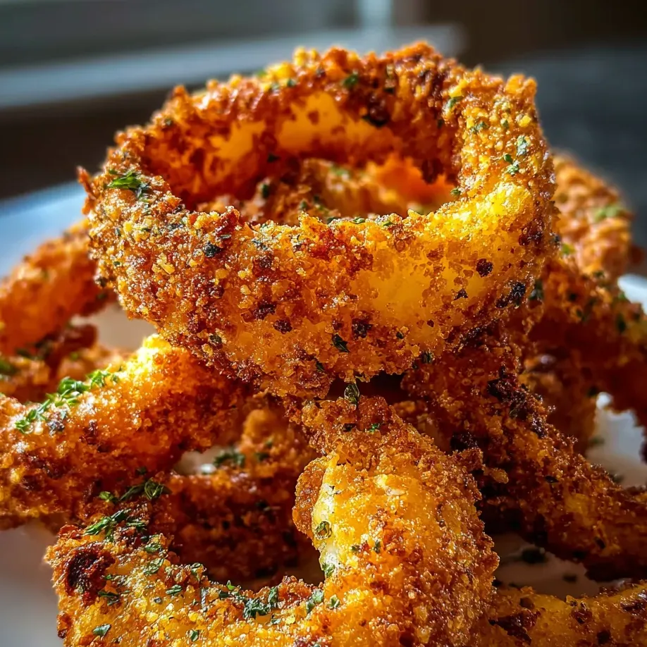 Un plato con aros de cebolla fritos.