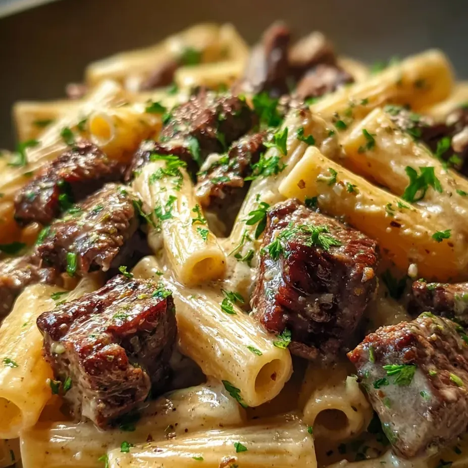 Un plato de pasta con carne y hierbas.