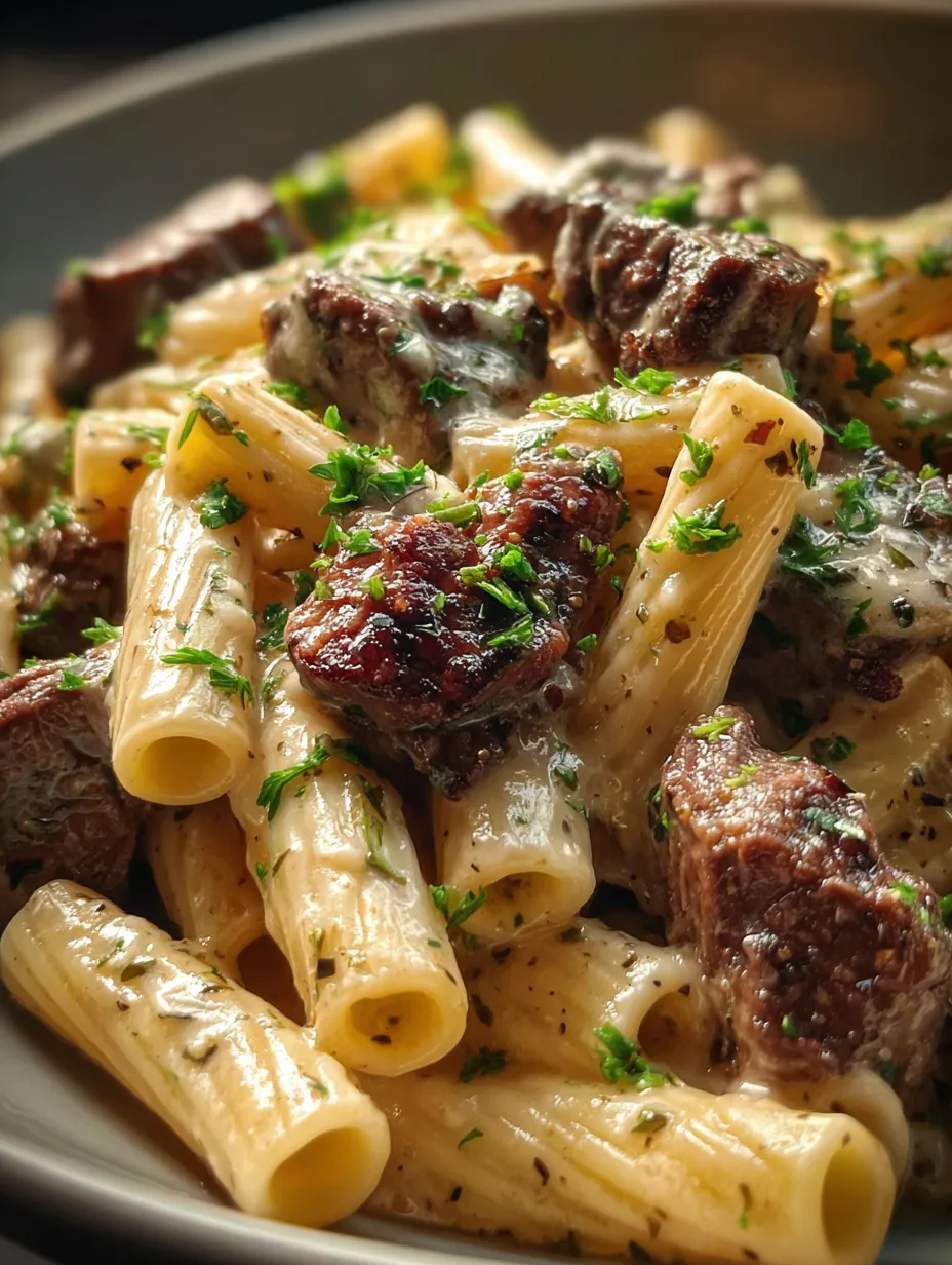 Un plato de pasta con carne y queso.