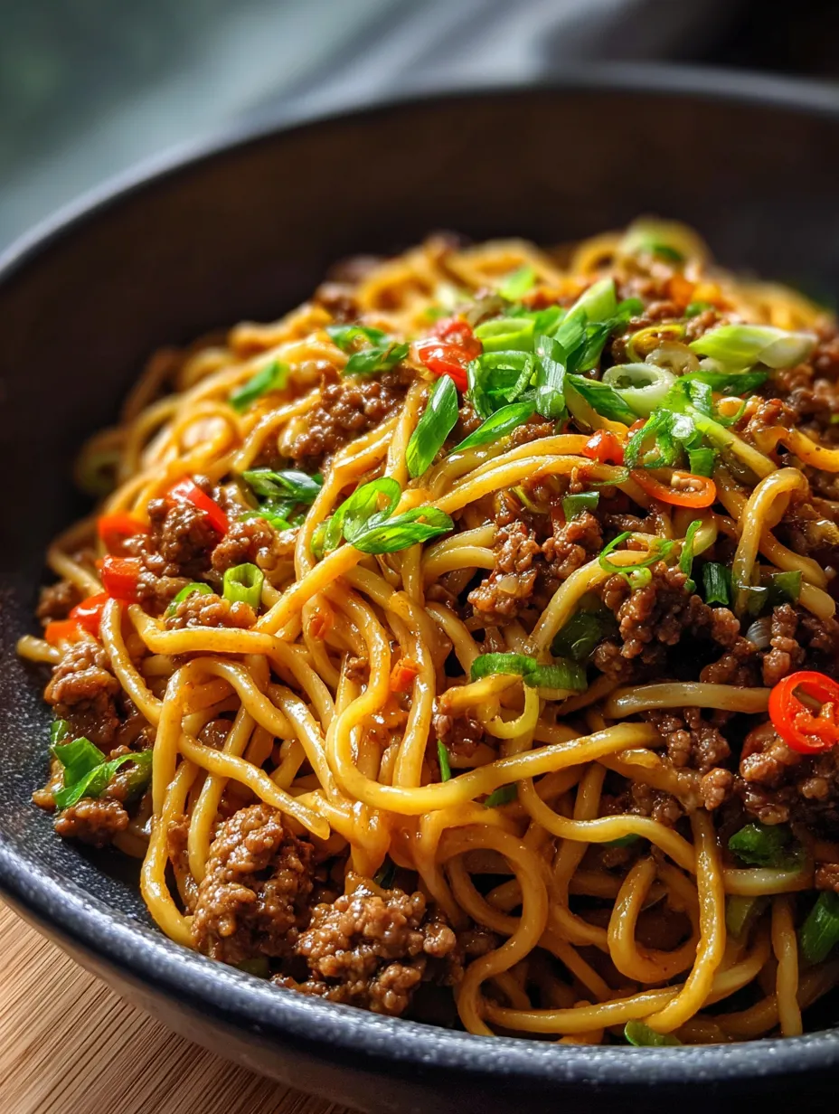 Un bol con fideos, carne y verduras.