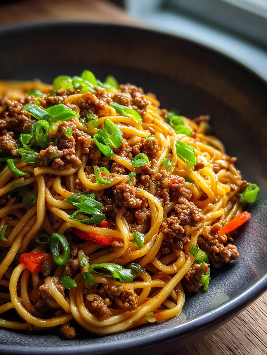Un bol con fideos, carne y verduras.