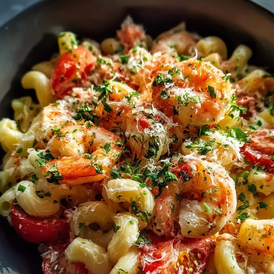 Un bowl con camarones y pasta.