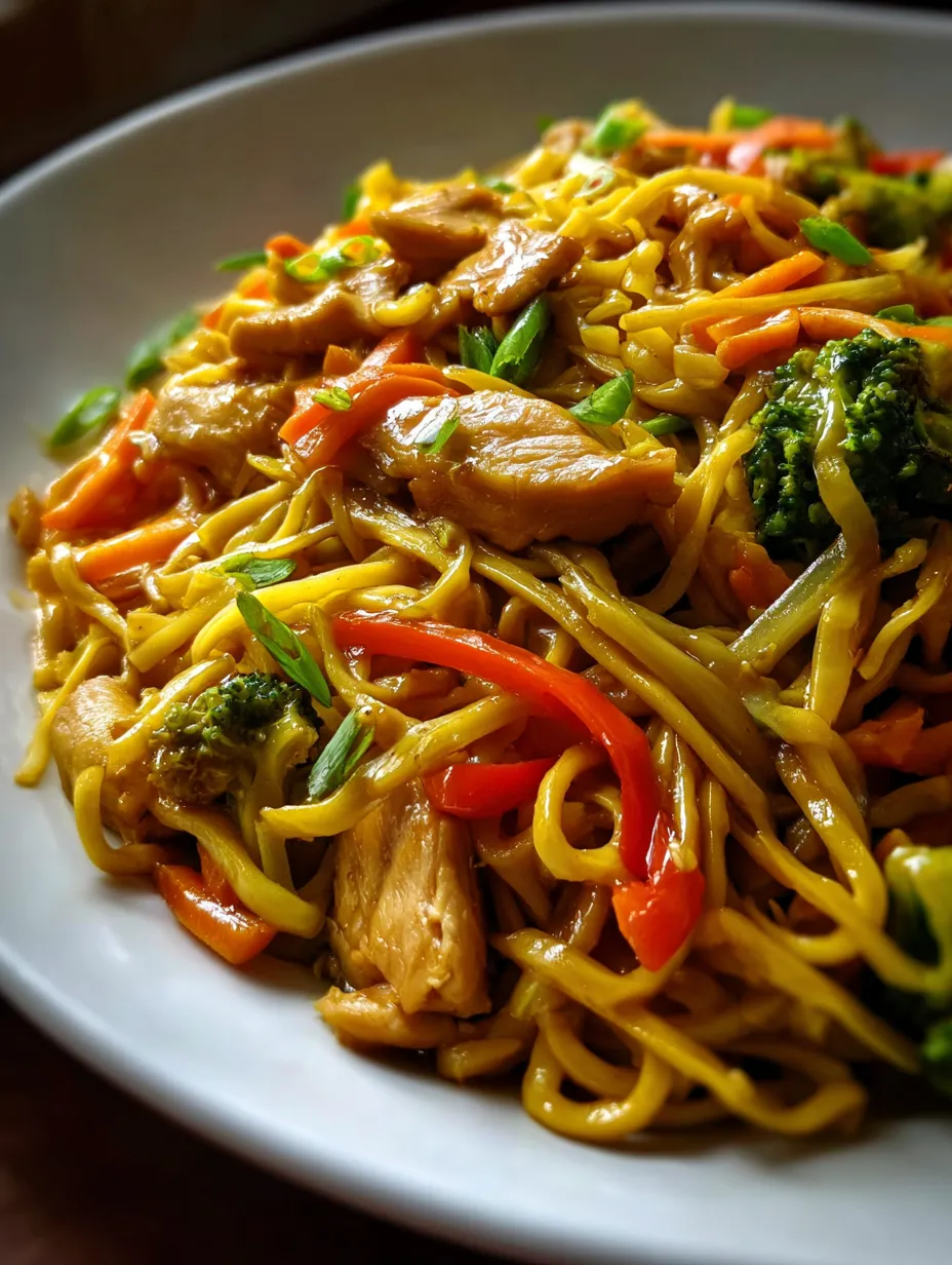 Un plato con fideos, pollo y brócoli.