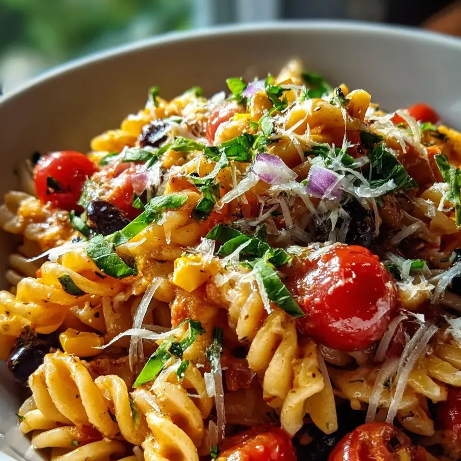 Un bol de pasta con tomate y queso.
