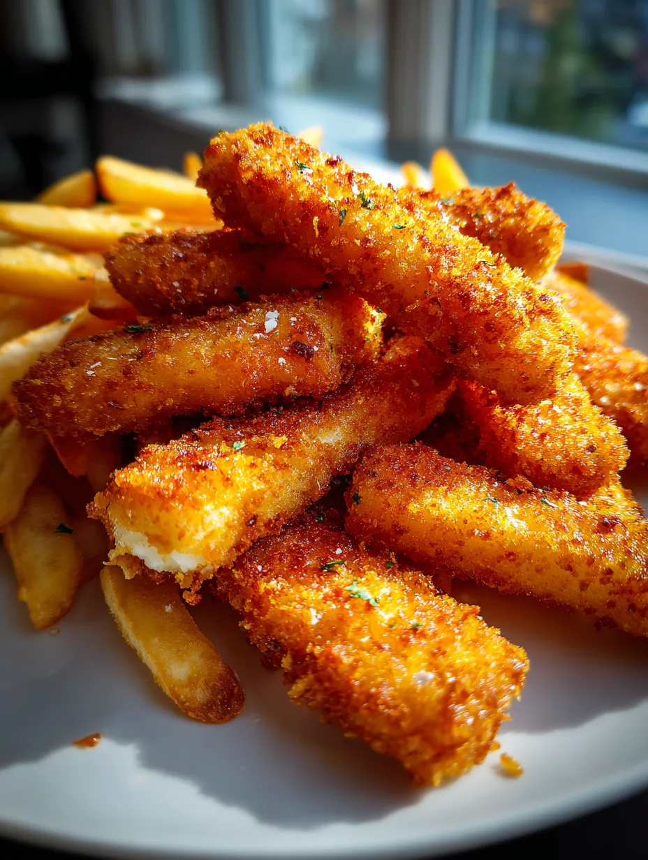Plato de comida frita con papas y barritas empanizadas de pescado.