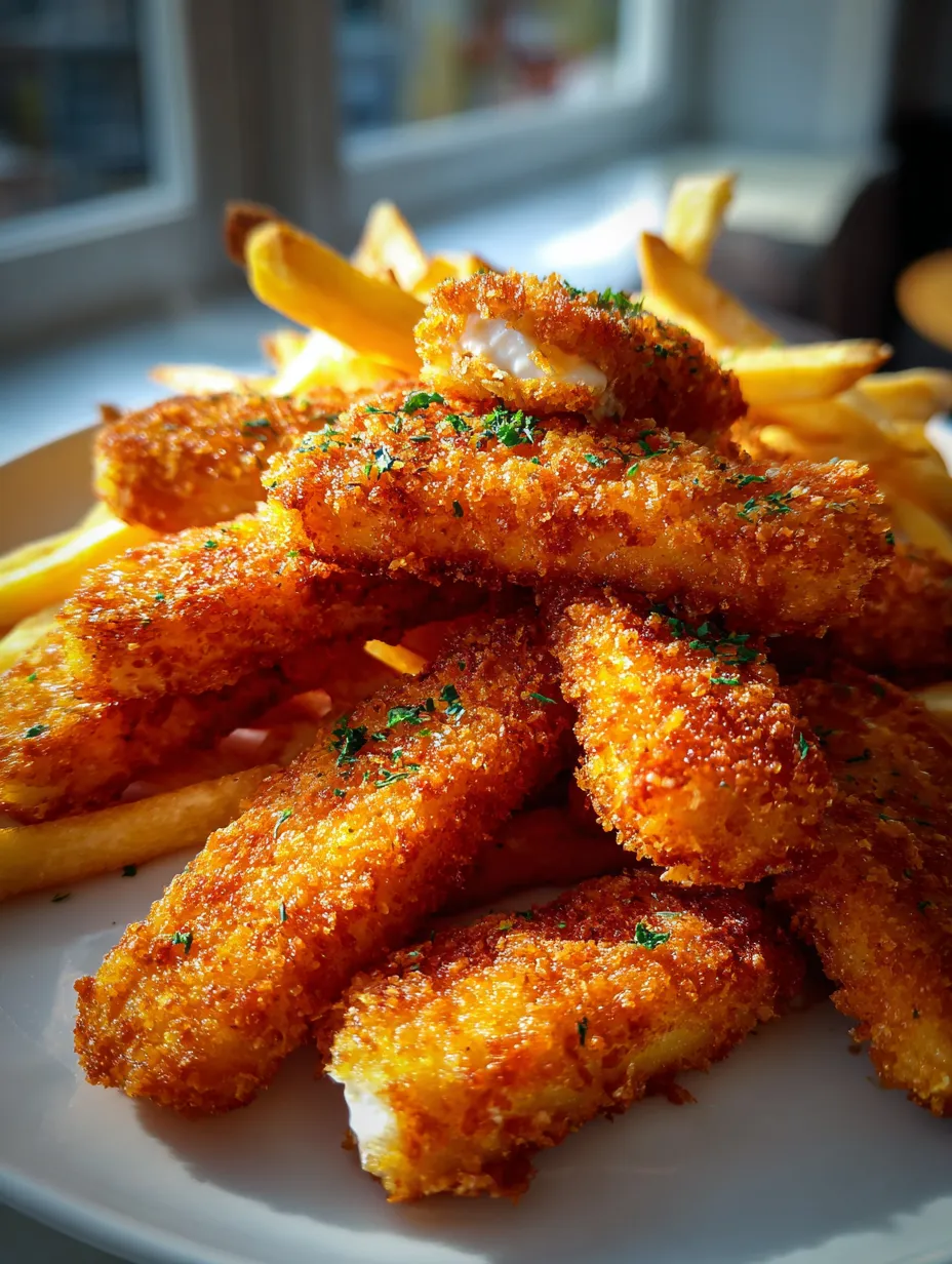 Un plato de pescado frito y papas fritas.