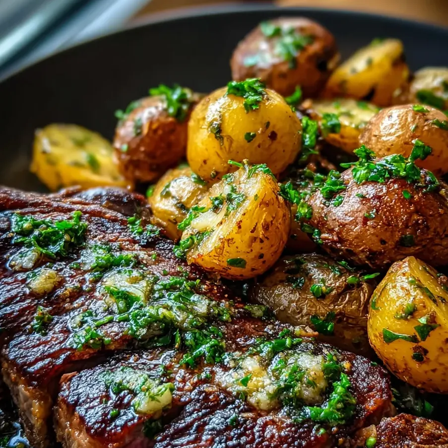 Un plato con carne y papas.