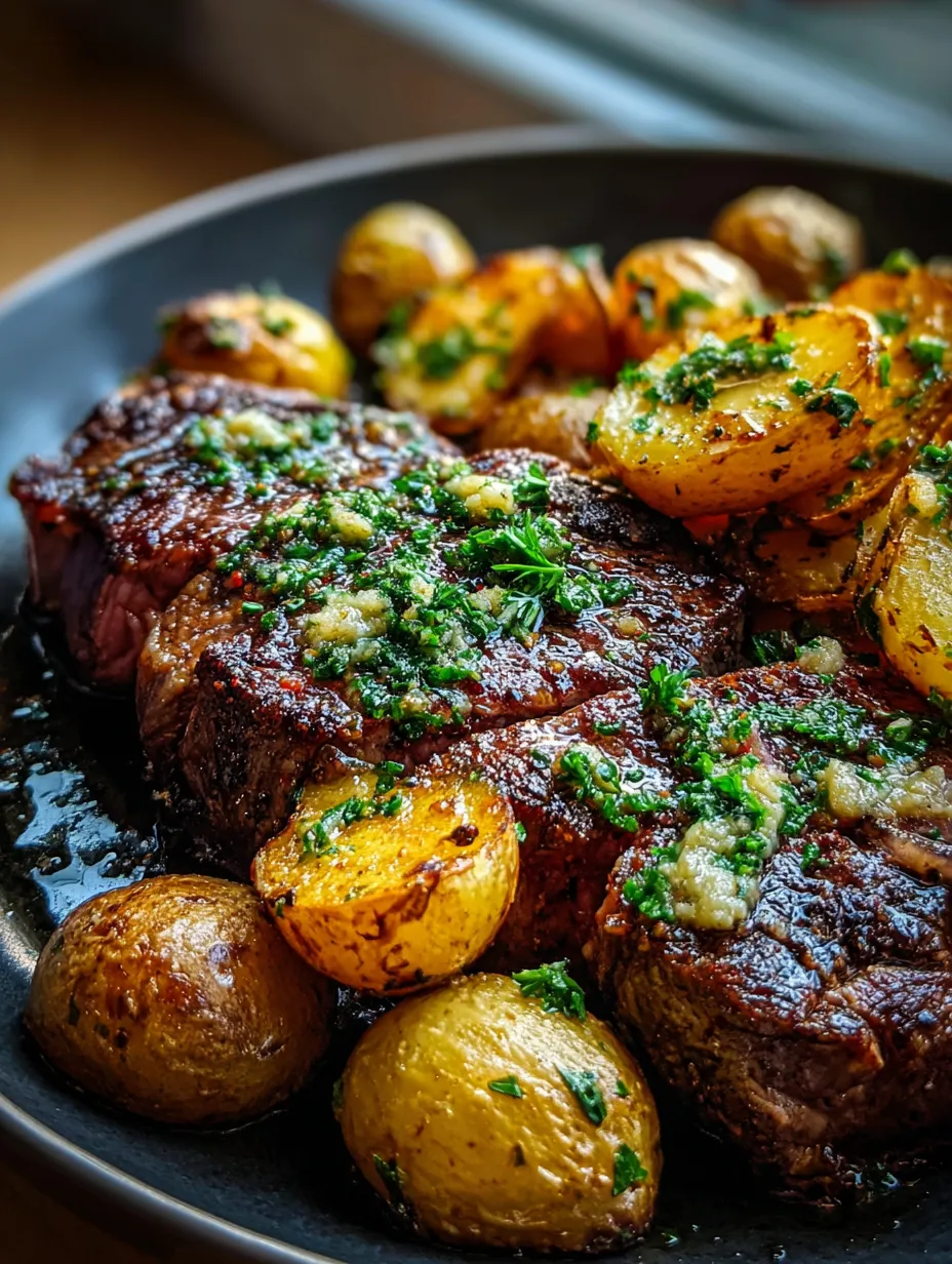 Un plato con papas y carne.