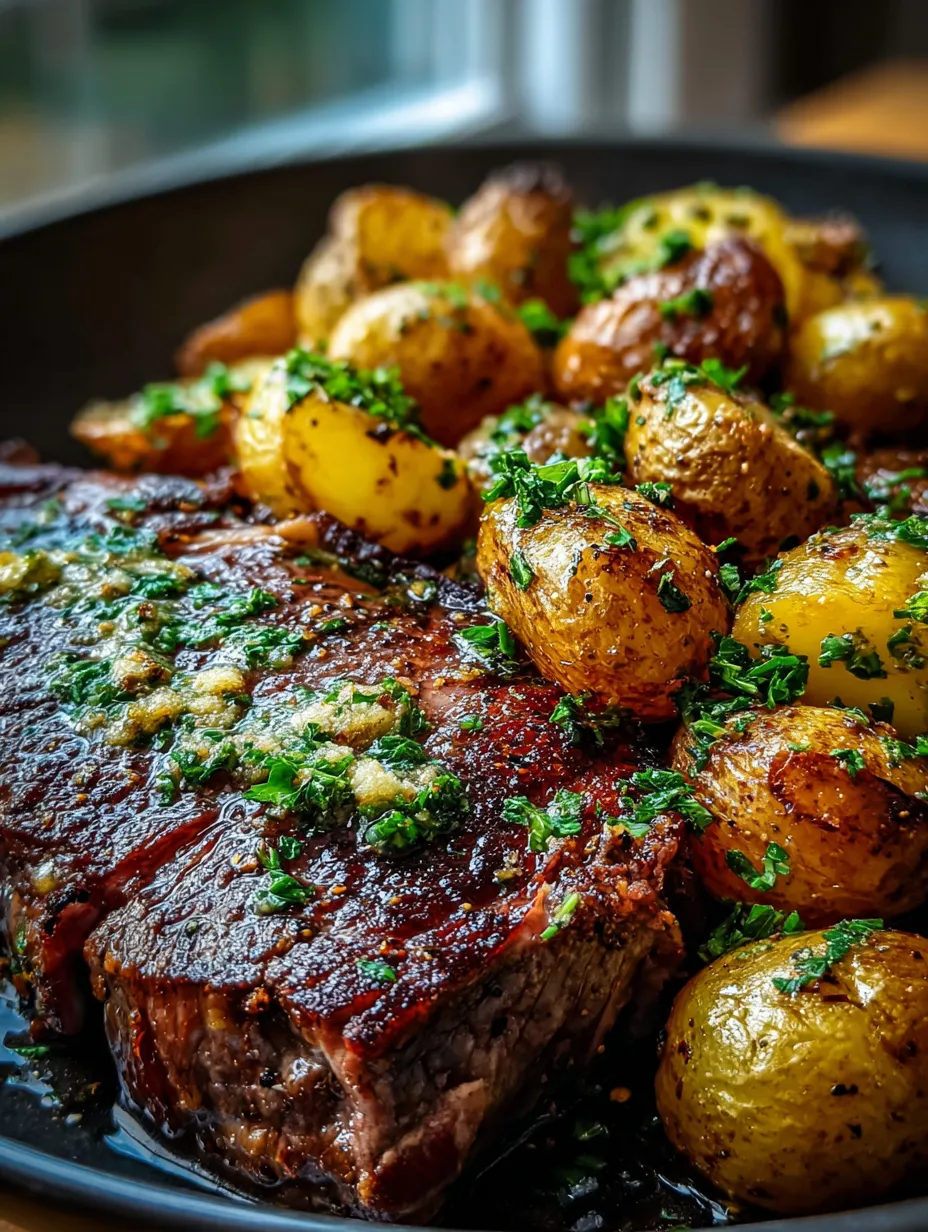 Un plato con carne y papas.
