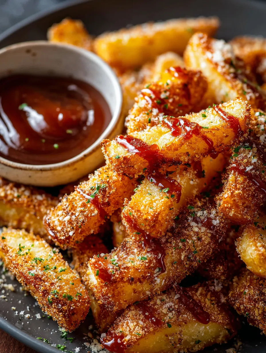 Un bol de palitos con ketchup.