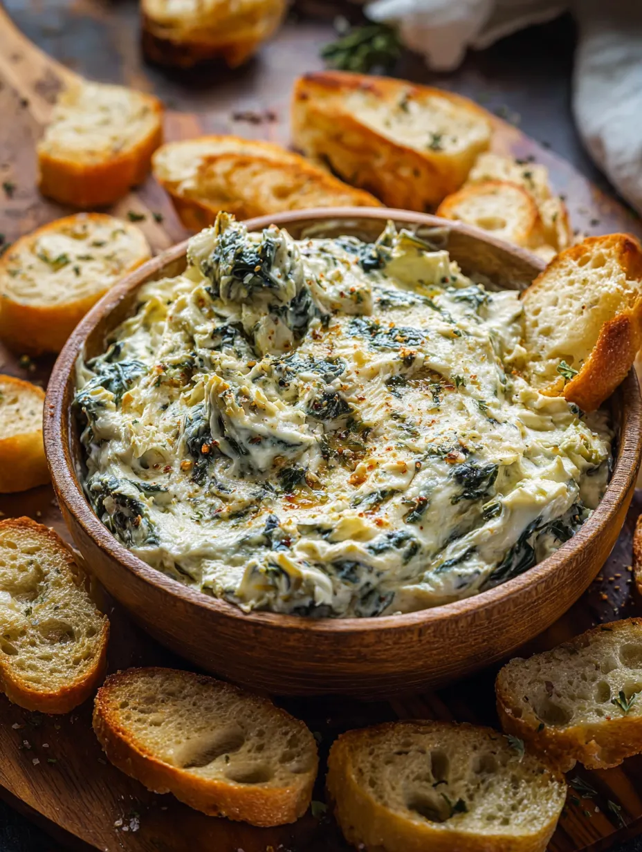 Un tazón de dip con pan y vegetales.