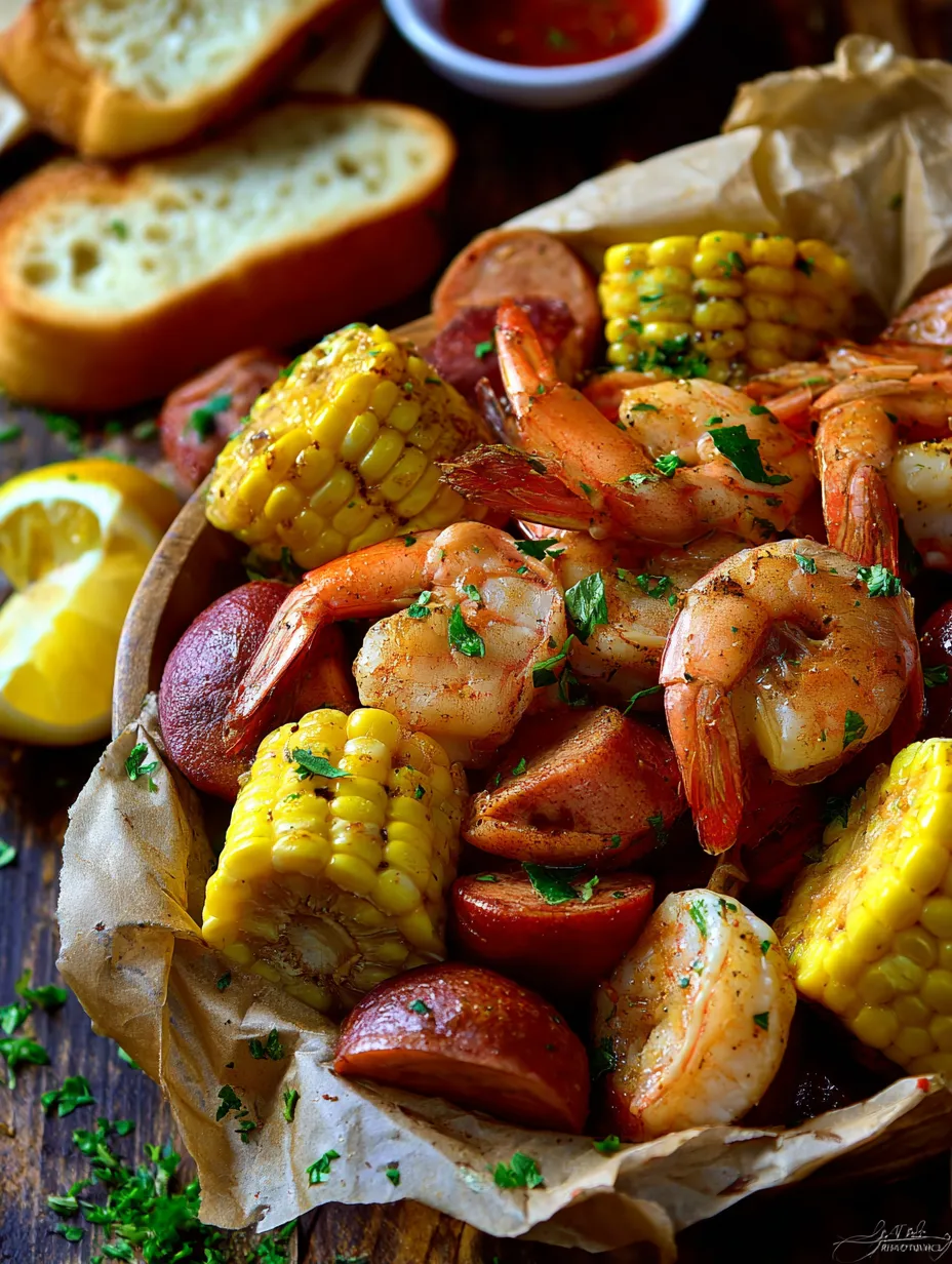 Un plato con camarones, elote y salchicha.