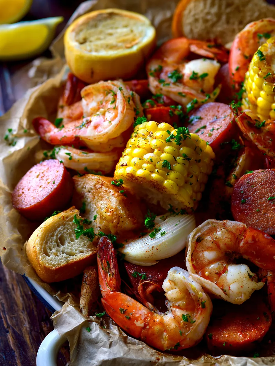 Un plato con camarones, elote y pan.