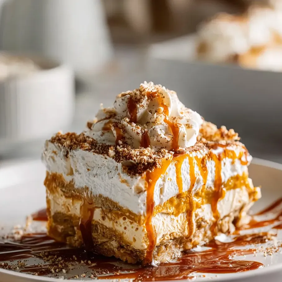 Porción de pastel con salsa de caramelo por encima.