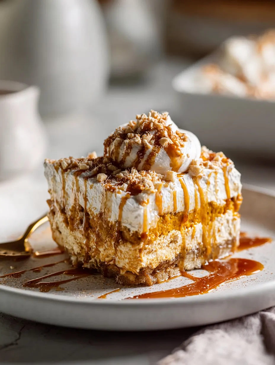 Un trozo de postre con salsa de caramelo encima.