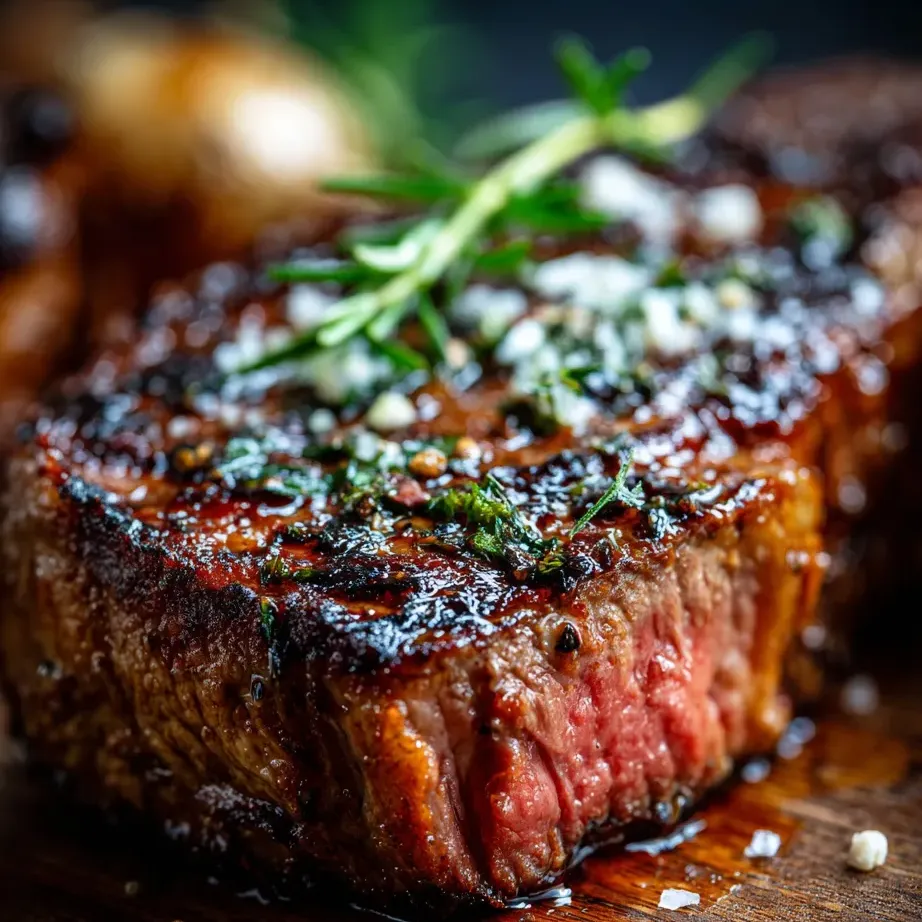 Un trozo de carne con hierbas encima.
