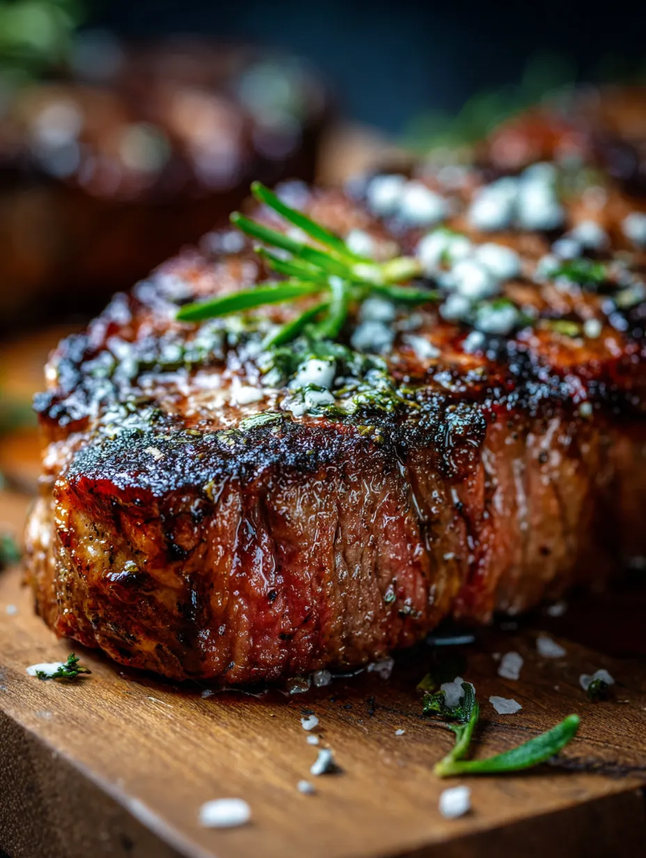 Un trozo de carne con hierbas encima.