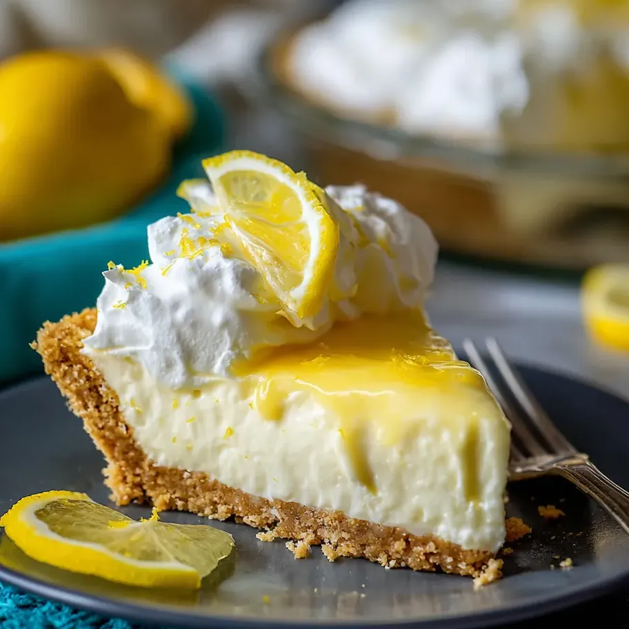 Una porción de tarta de queso con limón y una rodaja a un lado.