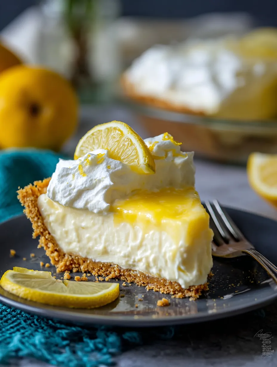 Un trozo de tarta de queso con limón decorado con una rodaja de limón al lado.
