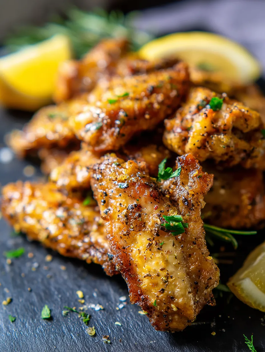 Un plato de alitas de pollo con un trozo de limón.