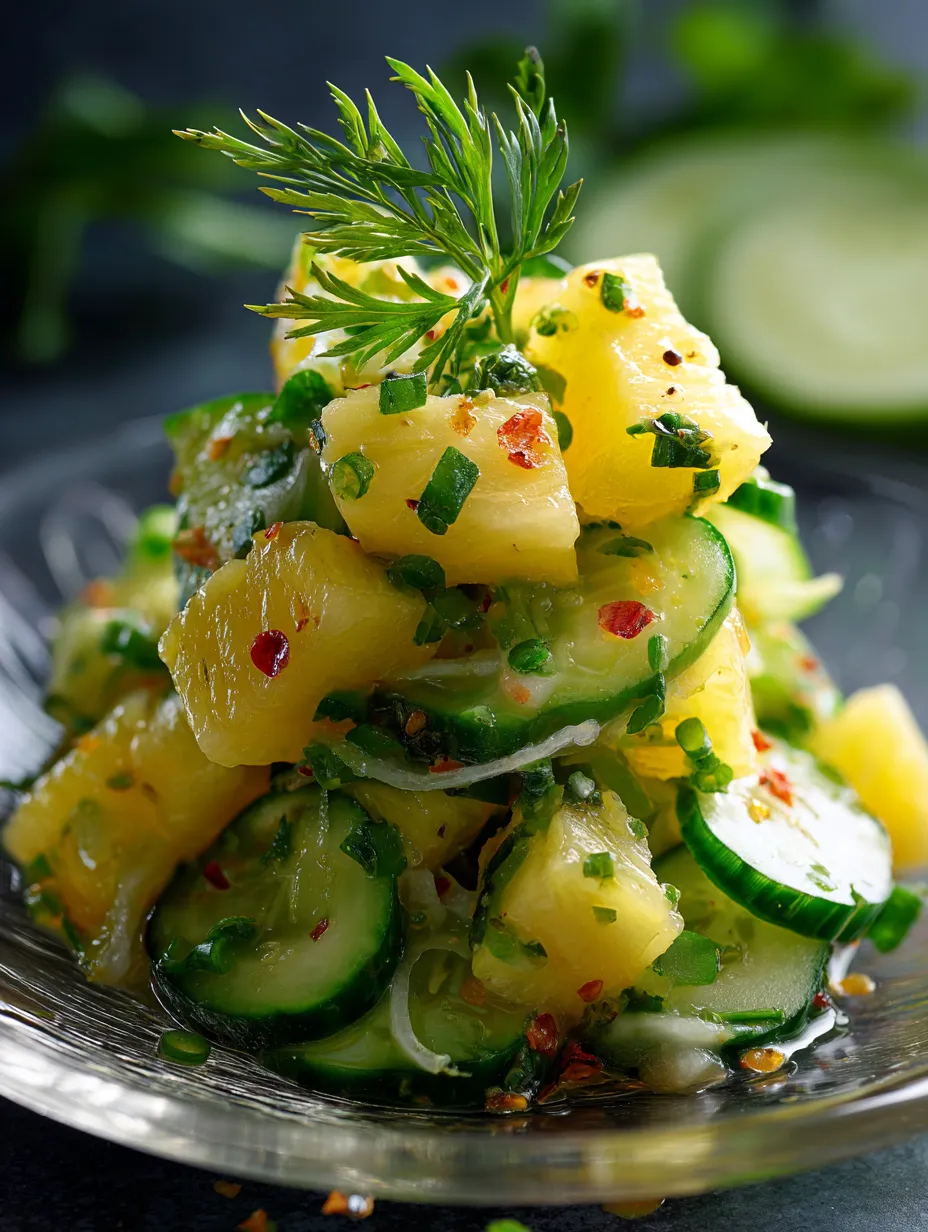 Un plato con piña y pepino en trozos.