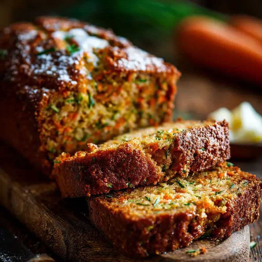 Rebanada de pan de zanahoria sobre una mesa de madera.
