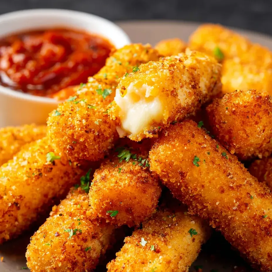 Un plato de palitos fritos con salsa para mojar.