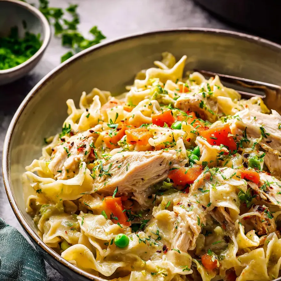 Un plato de pasta con pollo y verduras.