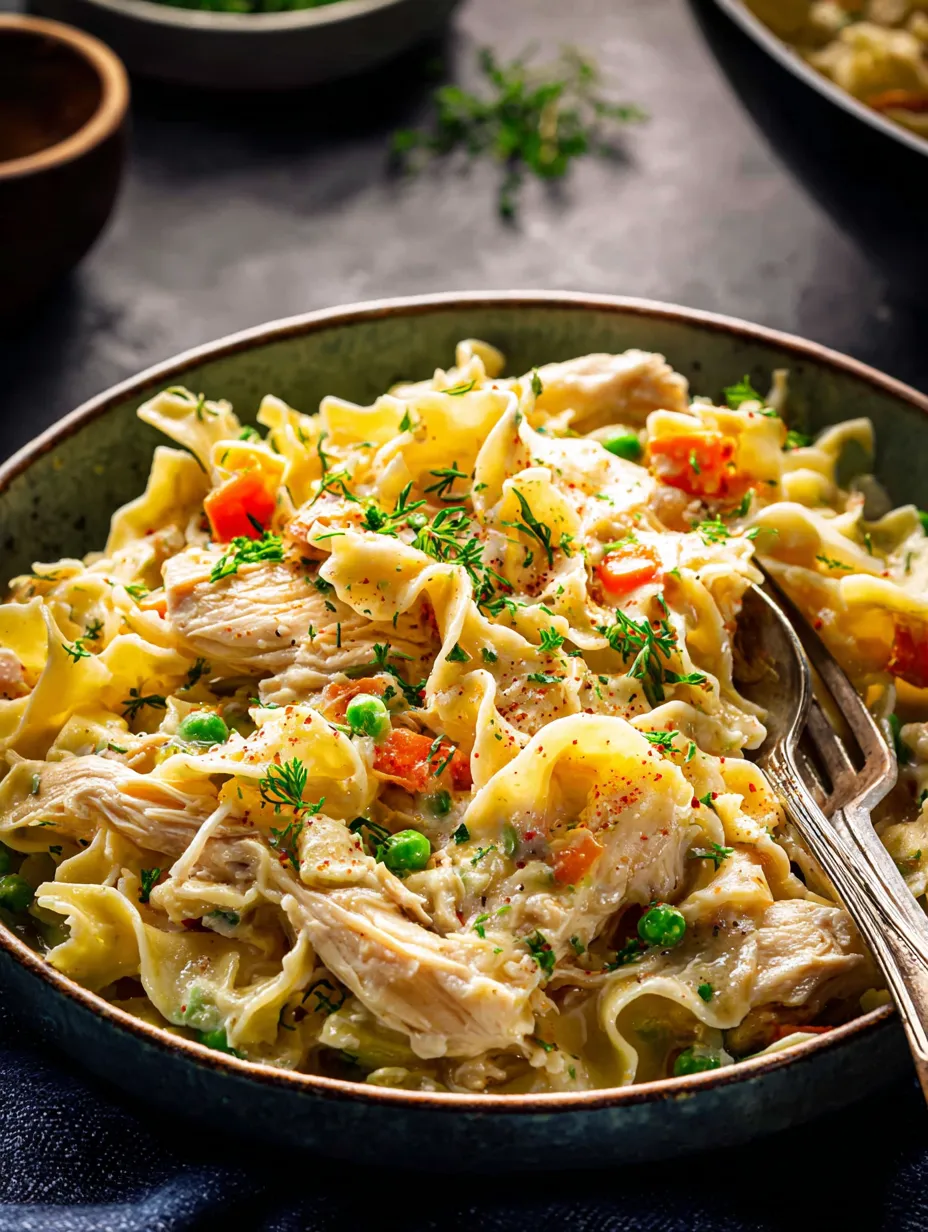 Tazón de pasta con pollo y chícharos.