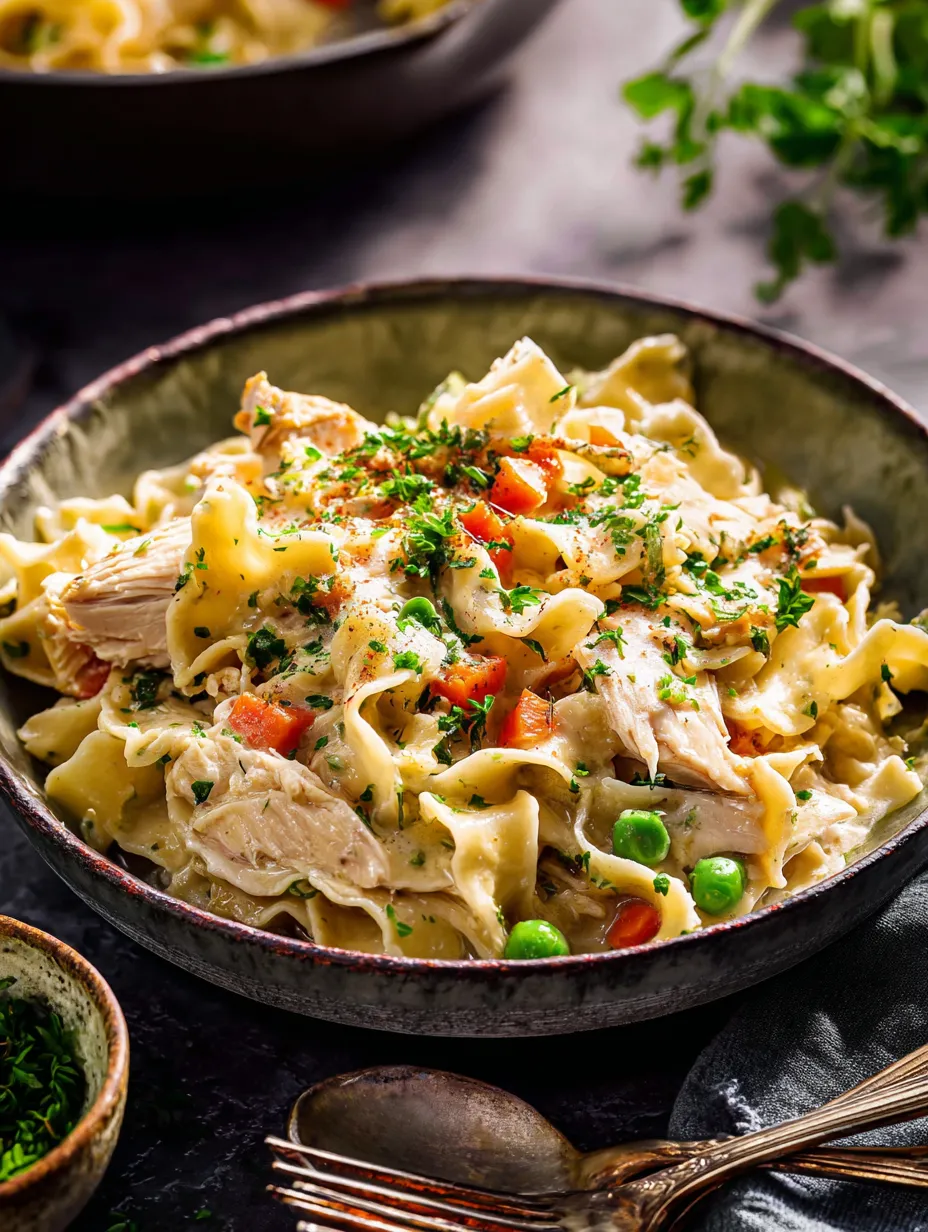 Un tazón de pasta con pollo y verduritas.
