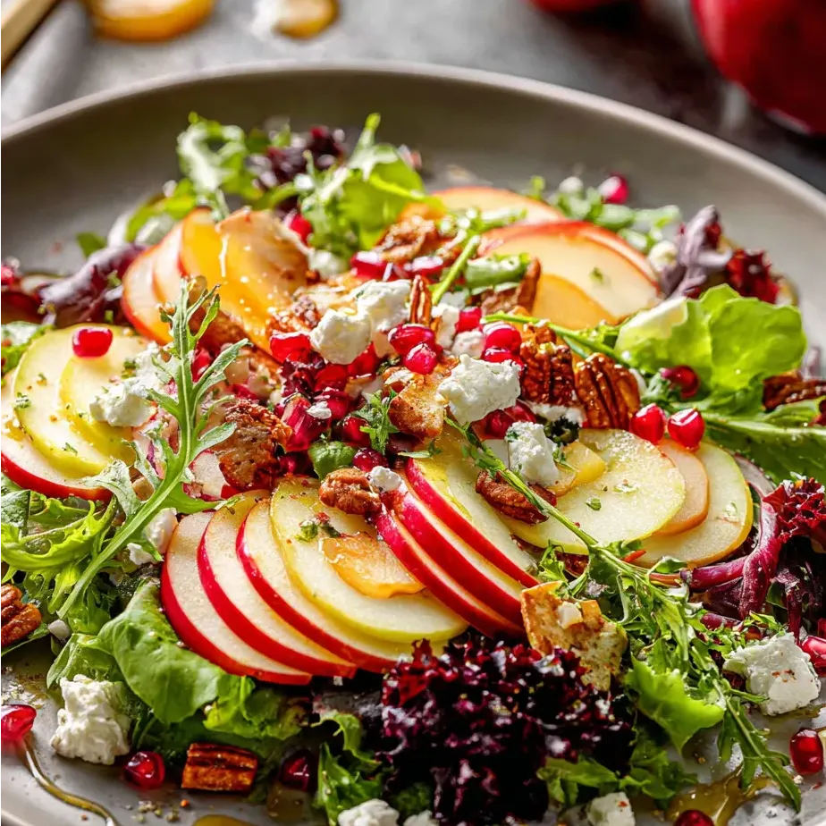 Un plato con ensalada y trozos de manzana.