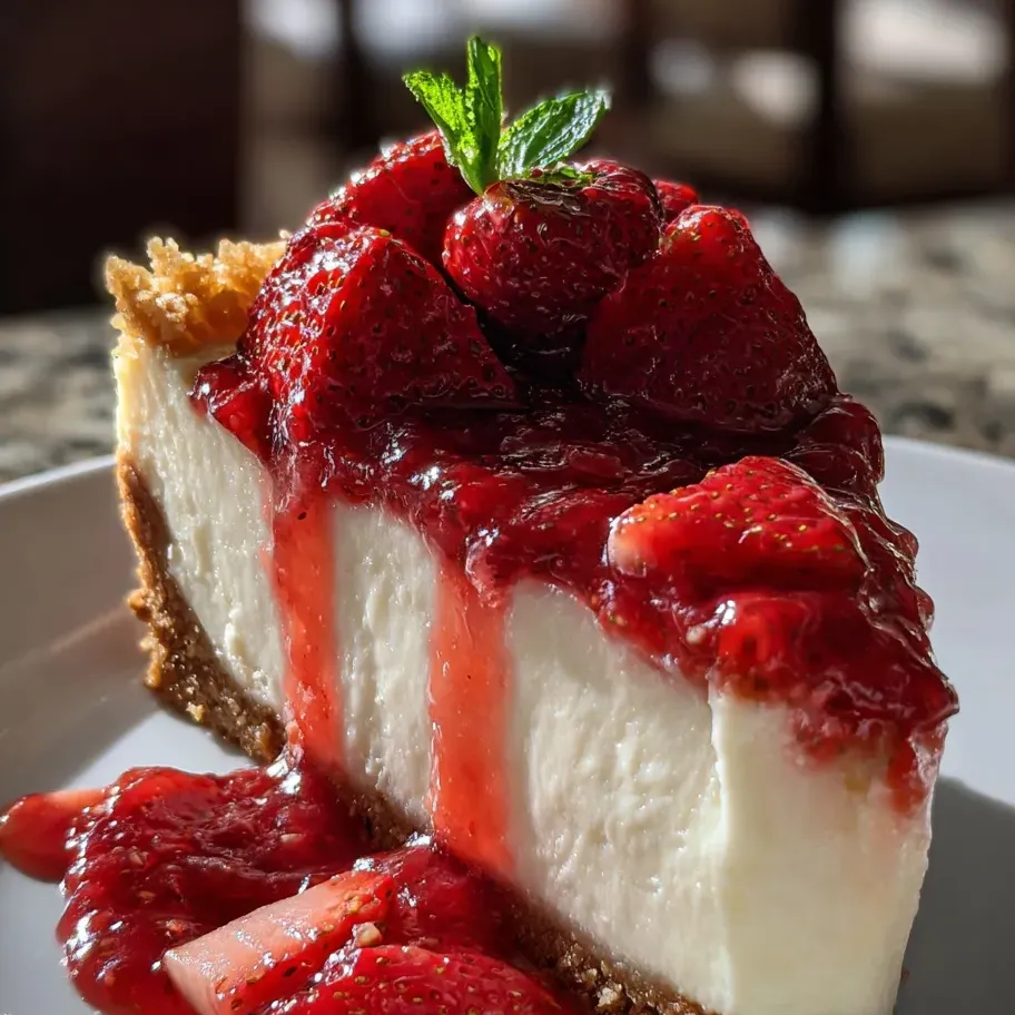 Un trozo de pastel con fresas arriba.