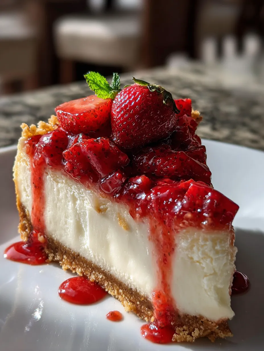 Una rebanada de cheesecake con fresas encima.