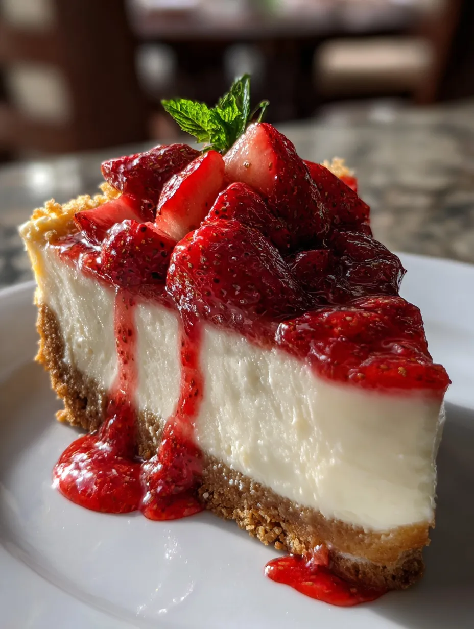 Una rebanada de cheesecake con fresas encima.