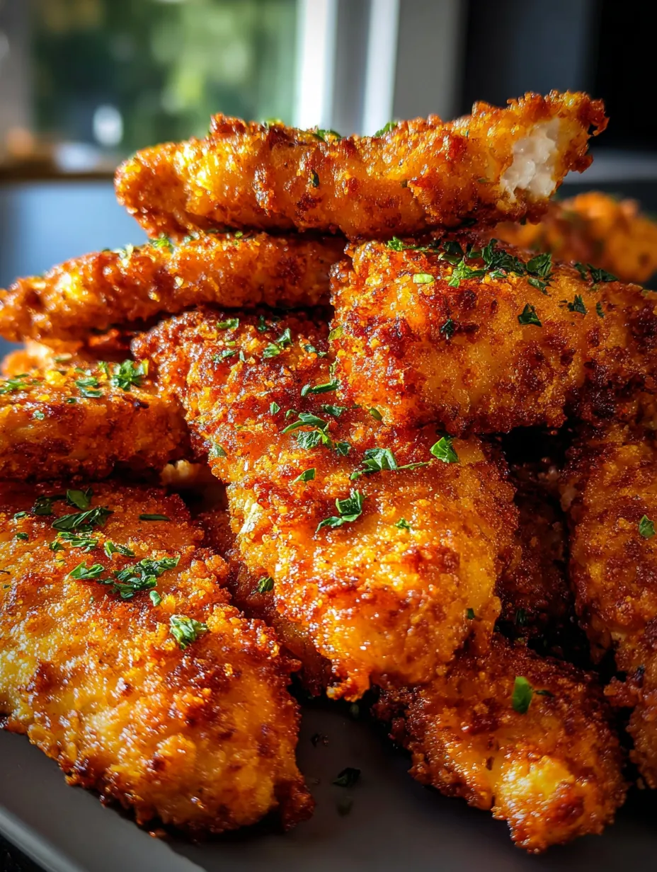 Un plato con pollo empanizado.