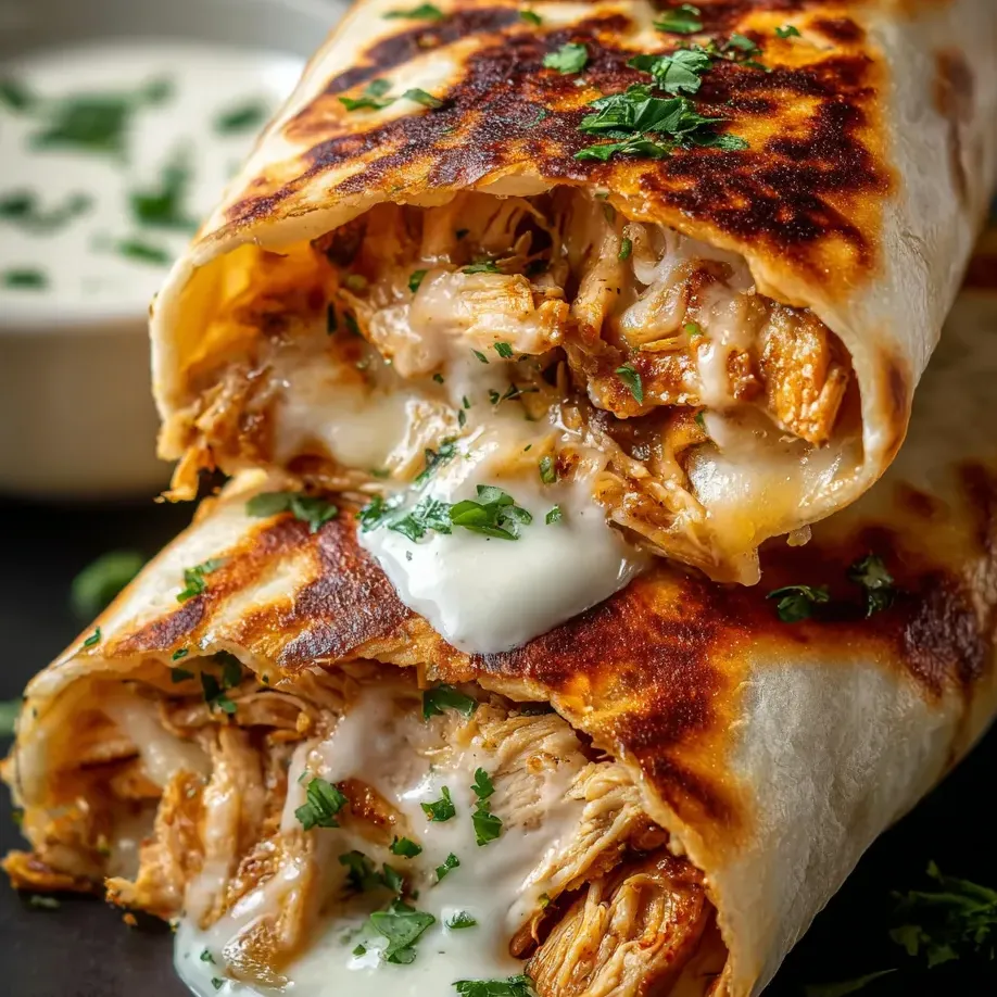 Un burrito de pollo bañado en salsa blanca.