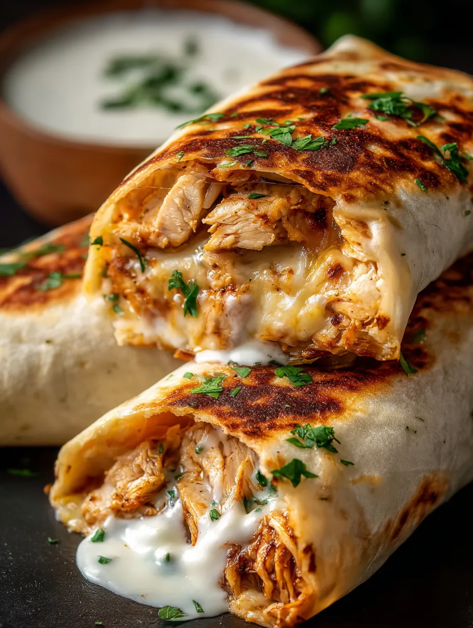 Un burrito de pollo con salsa blanca.