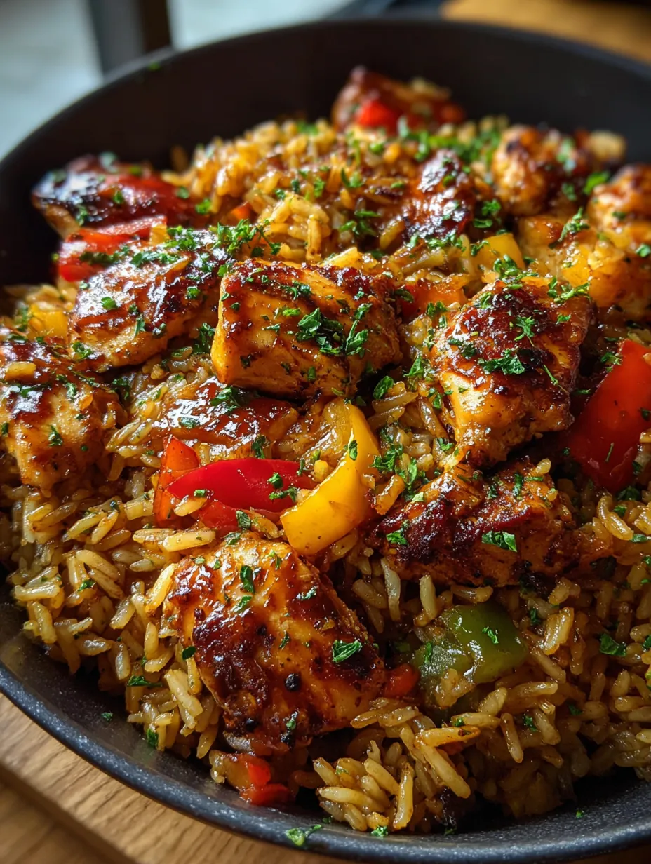 Tazón de arroz con pollo y pimientos.