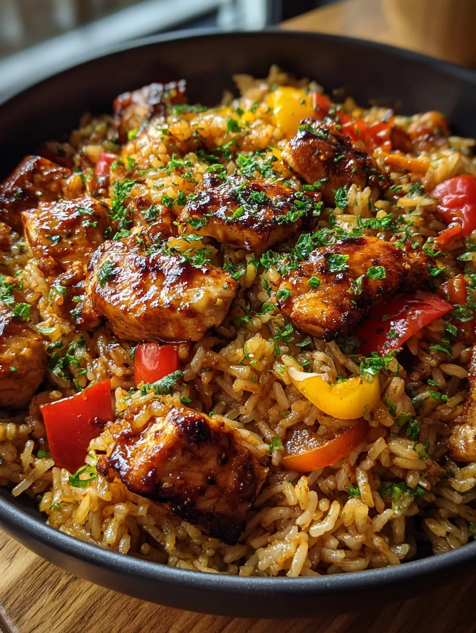 Un tazón de arroz con carne y verduras.